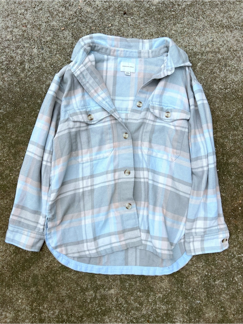 American Eagle Oversized Flannel Shirt Jacket Blue Gray Button Up Shacket Size M